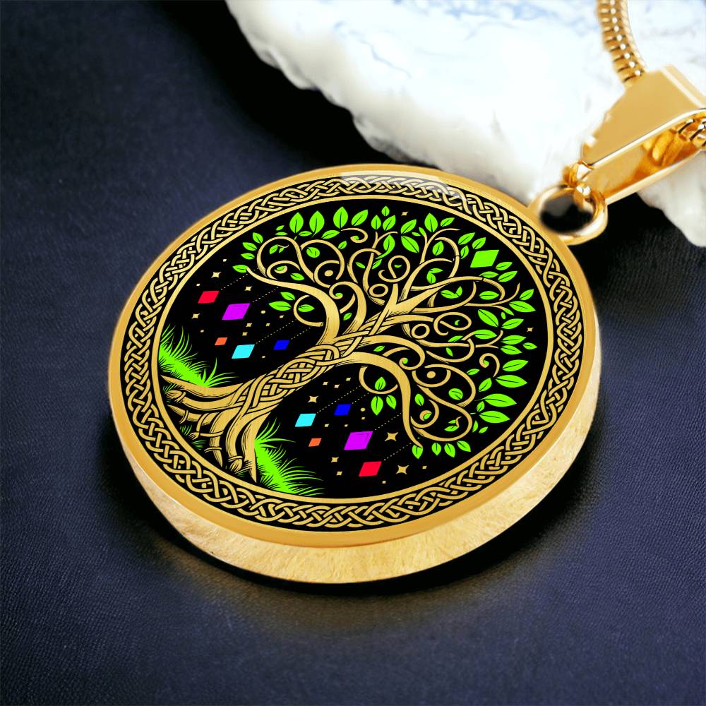 an Elegant gold pendant Tree of Life necklace featuring a vivid Celtic Green and gold tree, set against a black backdrop with red,blue,purple,orange gems. This jewelry offers personalization with an engraving option for a name.
