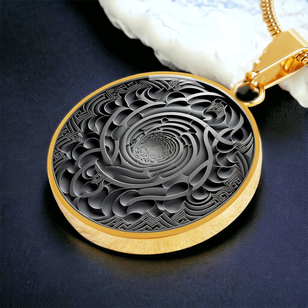 an Elegant gold pendant Maze Victorian necklace. The maze colors are silver and grey. This jewelry offers personalization with an engraving option for a name.