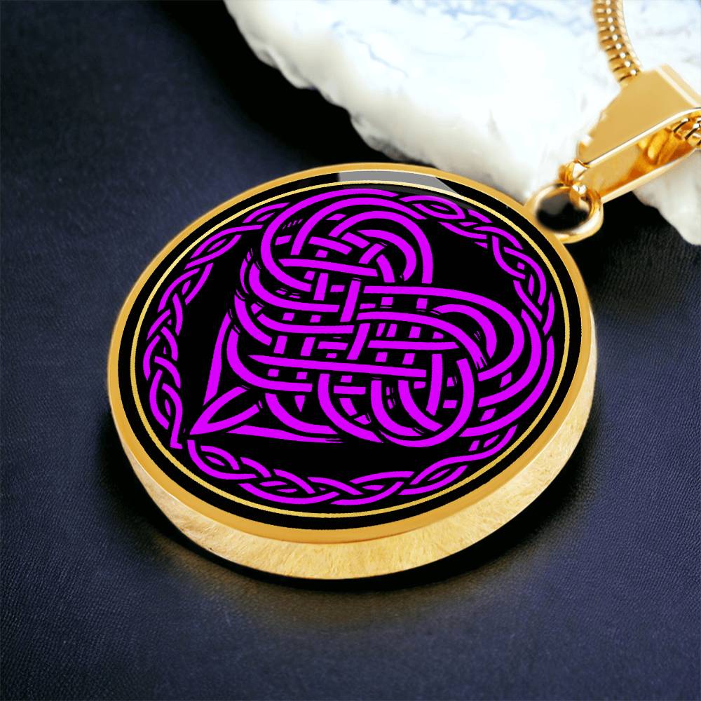Elegant gold pendant featuring a vivid purple Heart Celtic Necklace set against a Black & Gold backdrop. This jewelry offers personalization with an engraving option for a name.