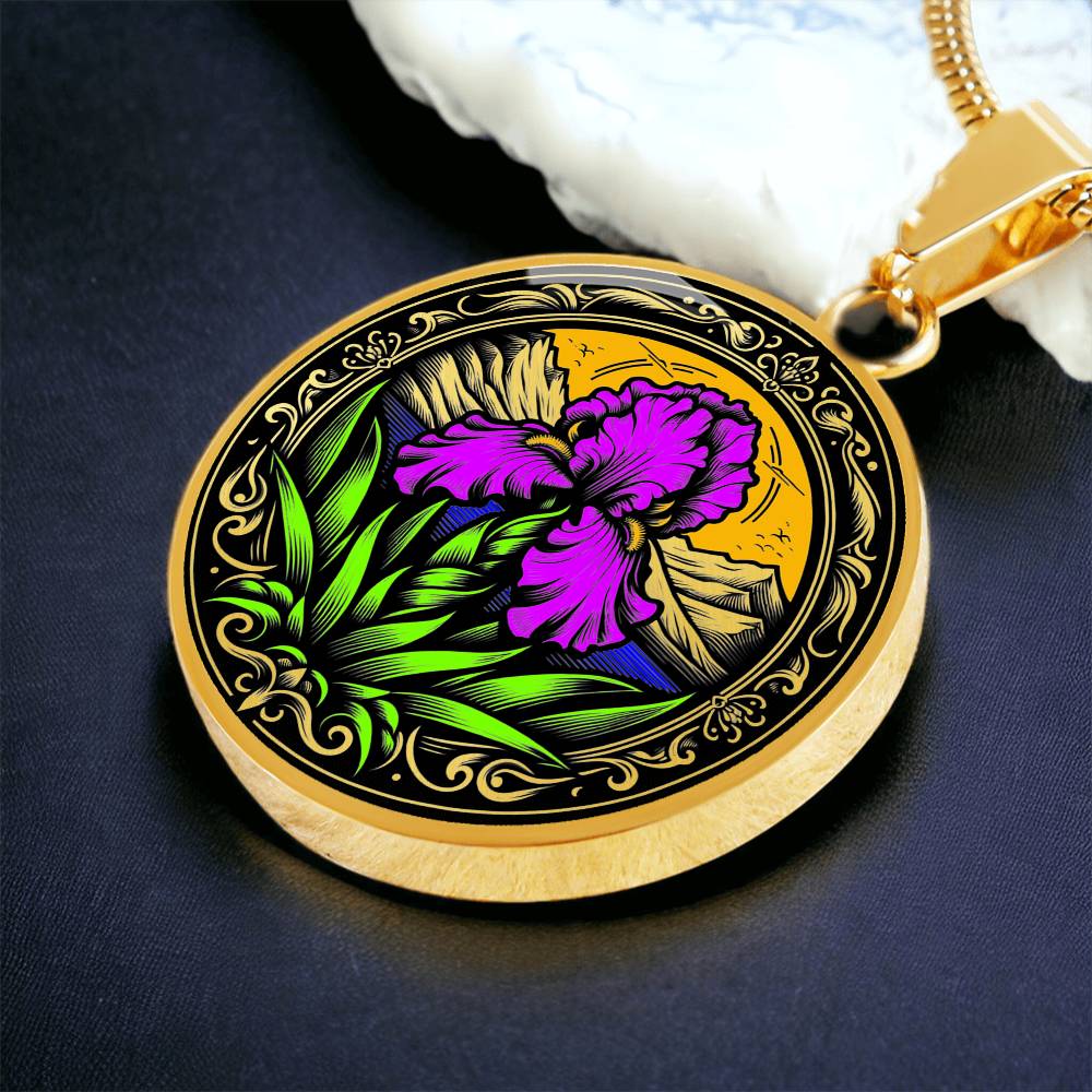 Februarys birth month flower Elegant gold pendant necklace featuring a vivid Purple Iris set against a sunset mountains with a river, the mountains are colored by the metal shinning through. This necklace offers personalization option for a name.