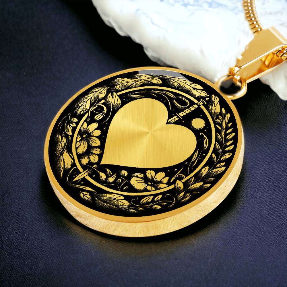 An Elegant gold pendant featuring a Valentines Design with a vivid gold Moonlight Heart Necklace, set against a gold/black backdrop with a sword and flowers. This jewelry offers personalization with an engraving option for a name.