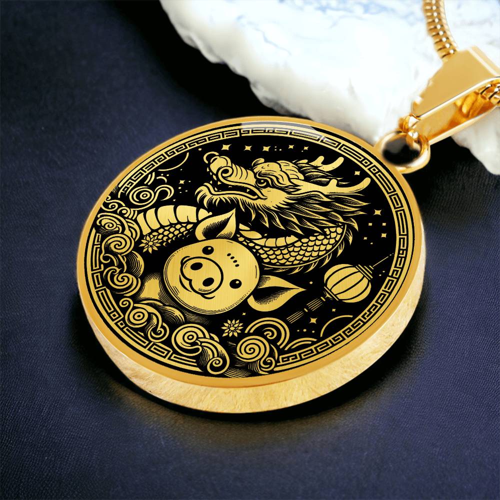 An Elegant gold pendant featuring a Year of the Pig and Year of The Dragon Necklace in gold and black. This jewelry offers personalization with an engraving option for a name.
