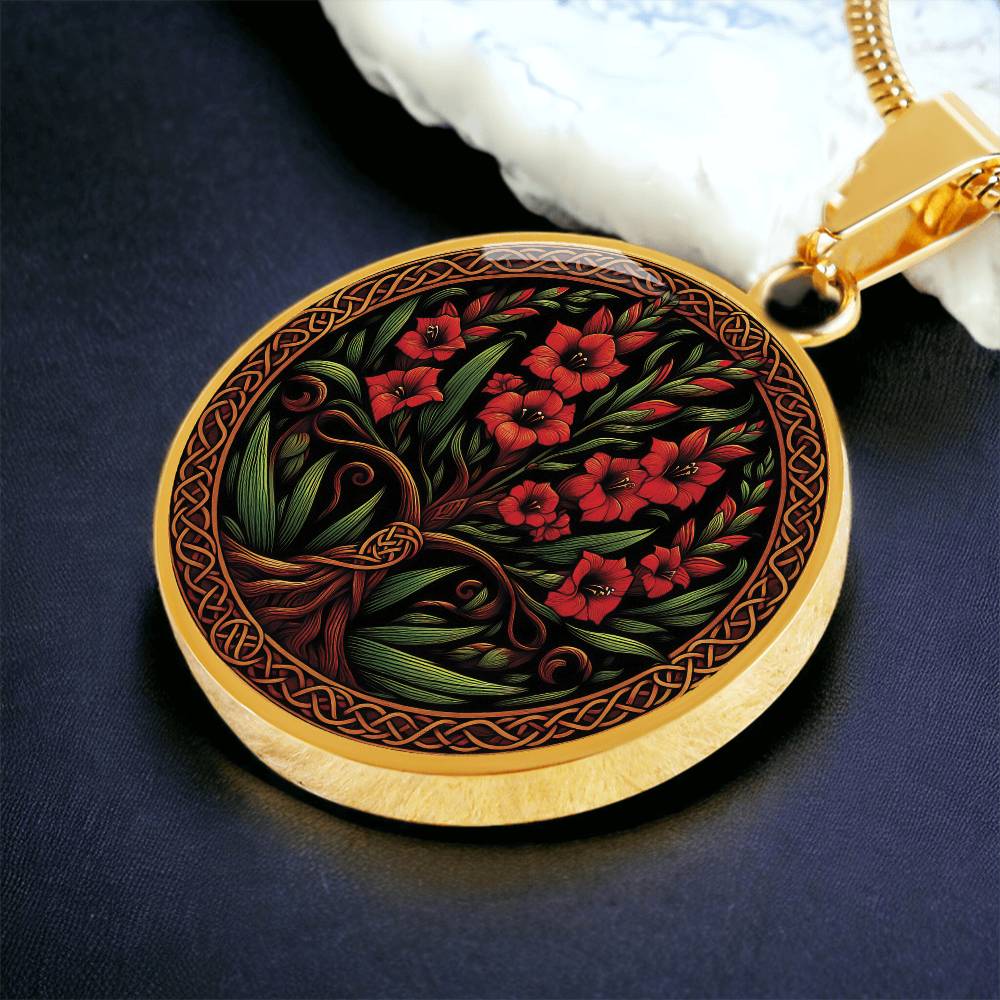 an elegant gold pendant Gladiolus Tree of Life Necklace. The Colors are red, green, brown and black. This jewelry offers personalization with an engraving option for a name.