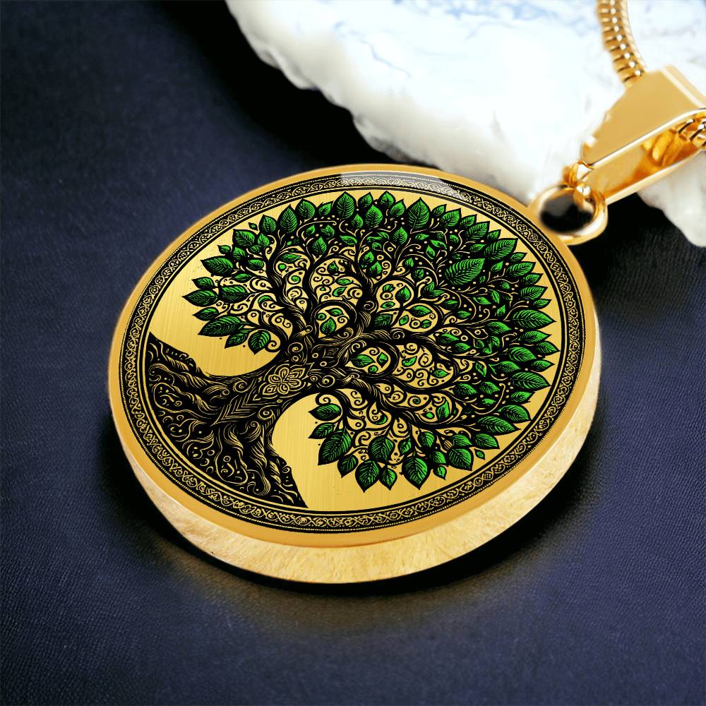 an Elegant gold pendant Celtic Tree of Life Necklace. Colors are black, real gold and Green Leaves. This jewelry offers personalization with an engraving option for a name.