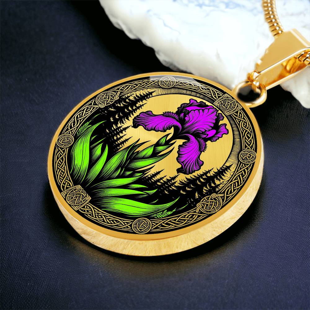 Februarys birth month flower in an Elegant gold pendant necklace featuring a vivid Purple Iris with a gold sun or silver moon surrounded by a forest with a Celtic frame. This necklace offers personalization option for a name.