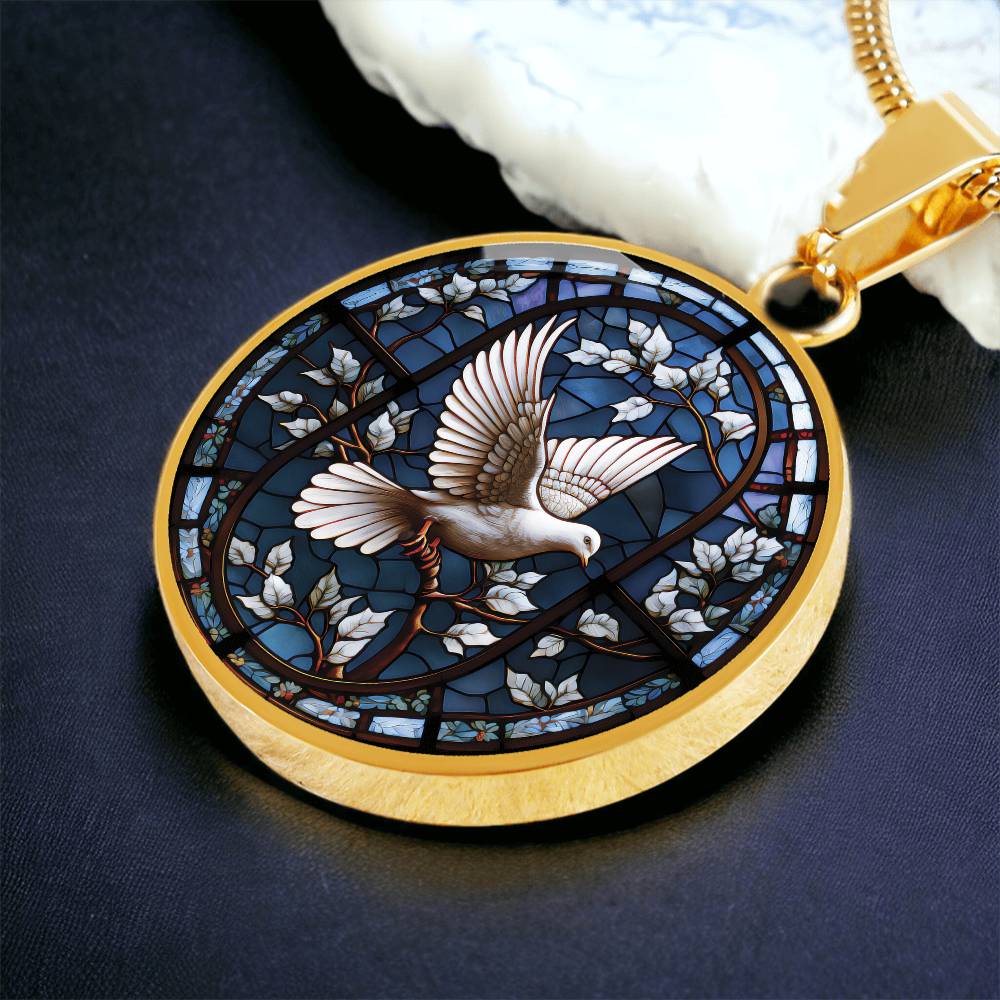 An elegant gold pendant White Dove Necklace. The Colors are white, brown and blue This jewelry offers personalization with an engraving option for a name.