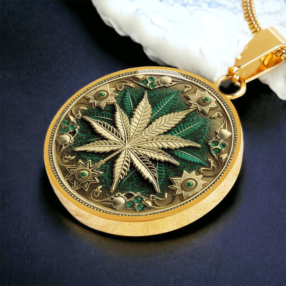 an Elegant gold pendant Weed Leaf necklace featuring a Green and Gold Marijuana Leaf. This jewelry offers personalization with an engraving option for a name.