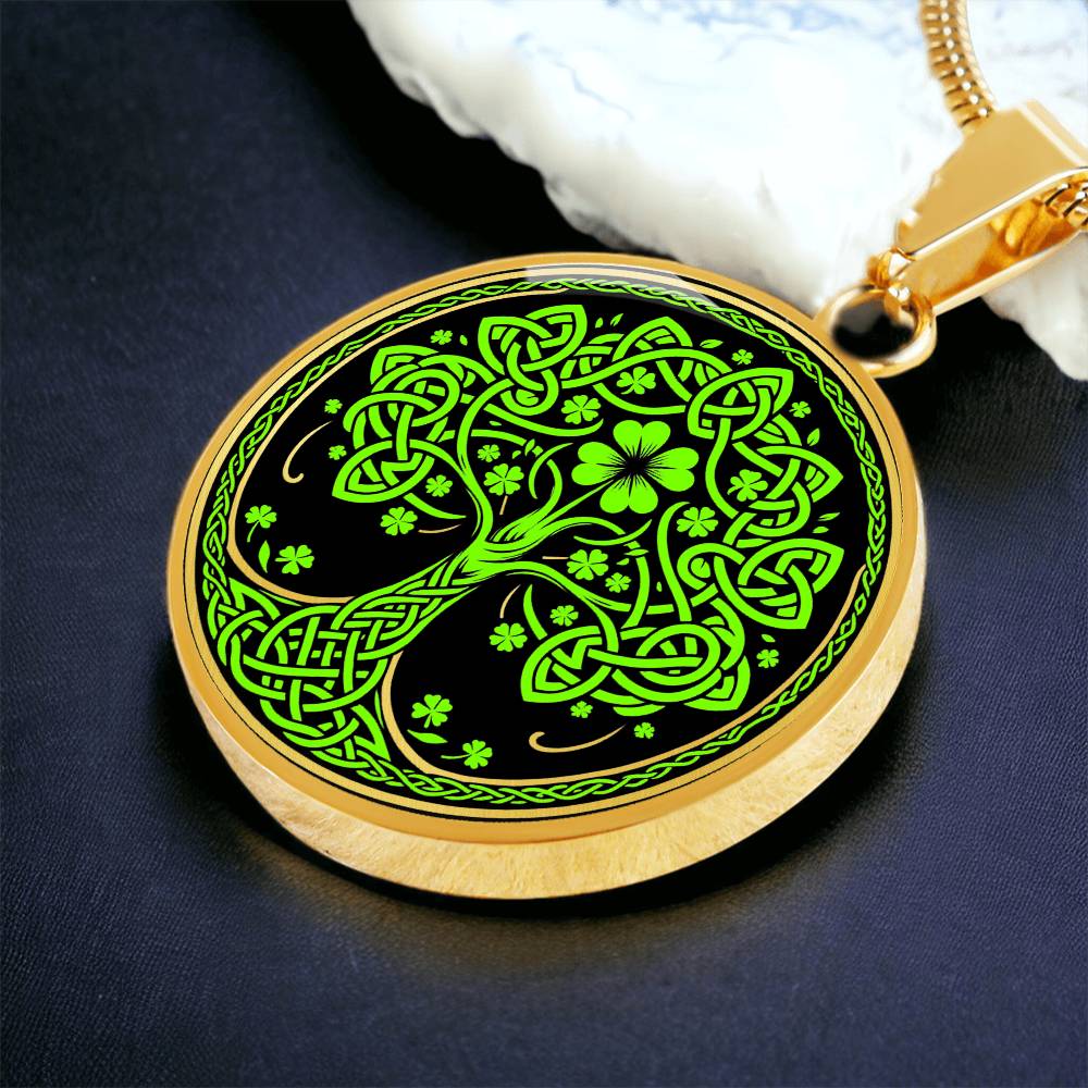 Elegant Gold pendant featuring a vivid Green Celtic four leaf Clover Tree of Life Necklace, set against a Black & gold backdrop. This jewelry offers personalization with an engraving option for a name.