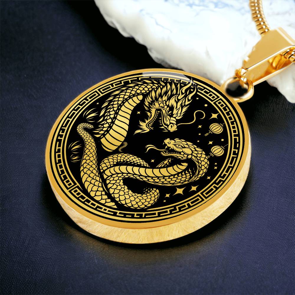 An Elegant gold pendant featuring a Year of the Snake and Year of The Dragon Necklace in gold and black. This jewelry offers personalization with an engraving option for a name.