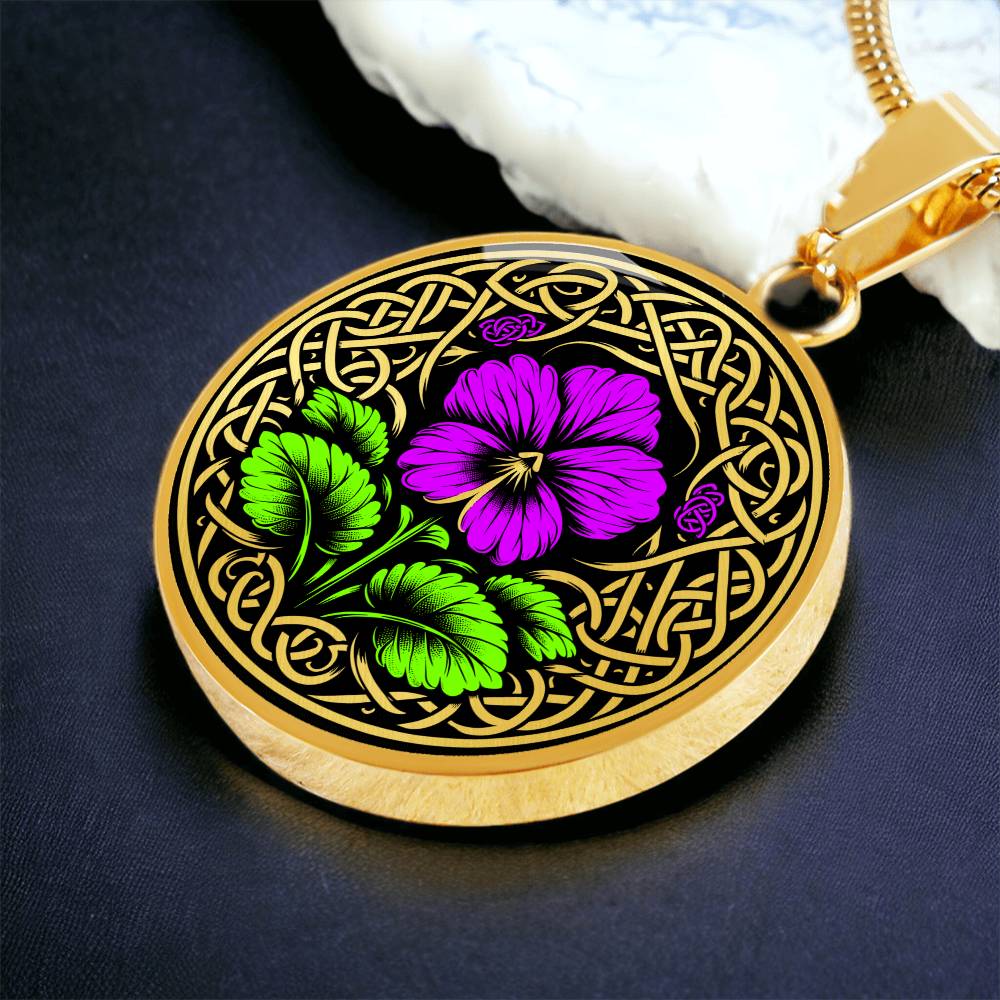 Elegant gold pendant featuring a vivid Purple Violet Birth Flower Necklace, February birth month flower, set against a Gold & Black backdrop with a Celtic border. This jewelry offers personalization with an engraving option for a name.