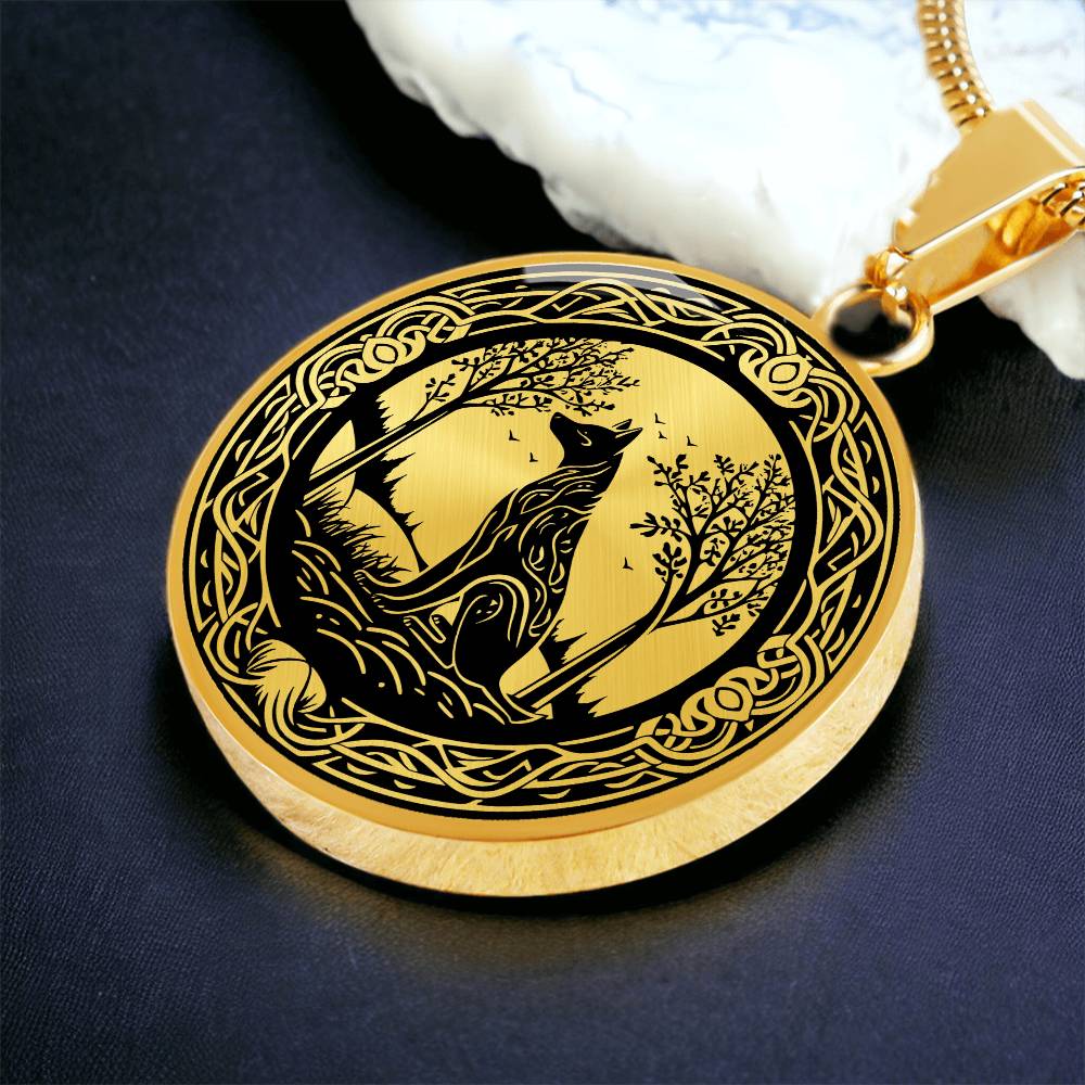 Elegant gold pendant Celtic Wolf necklace With a Gold and Black background. This jewelry offers personalization with an engraving option for a name.