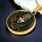 an Elegant gold pendant Medusa necklace. The colors are green hair, white skin, brown background. This jewelry offers personalization with an engraving option for a name.