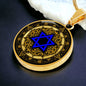 An Elegant gold pendant featuring a Vintage Design with a vivid blue Star of David Necklace, set against a gold and black backdrop. This jewelry offers personalization with an engraving option for a name.