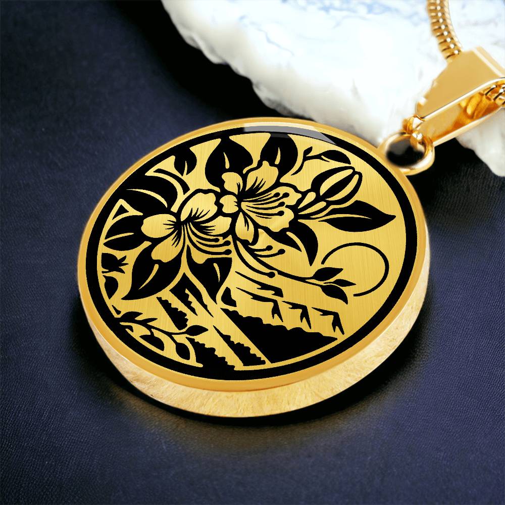 Elegant gold pendant featuring a honeysuckle, silhouette Junes birth month flower, set against a gold or silver backdrop. This necklace offers personalization with an engraving option for a name.