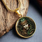 an Elegant gold pendant Medusa necklace. The colors are green hair, white skin, brown background. This jewelry offers personalization with an engraving option for a name.