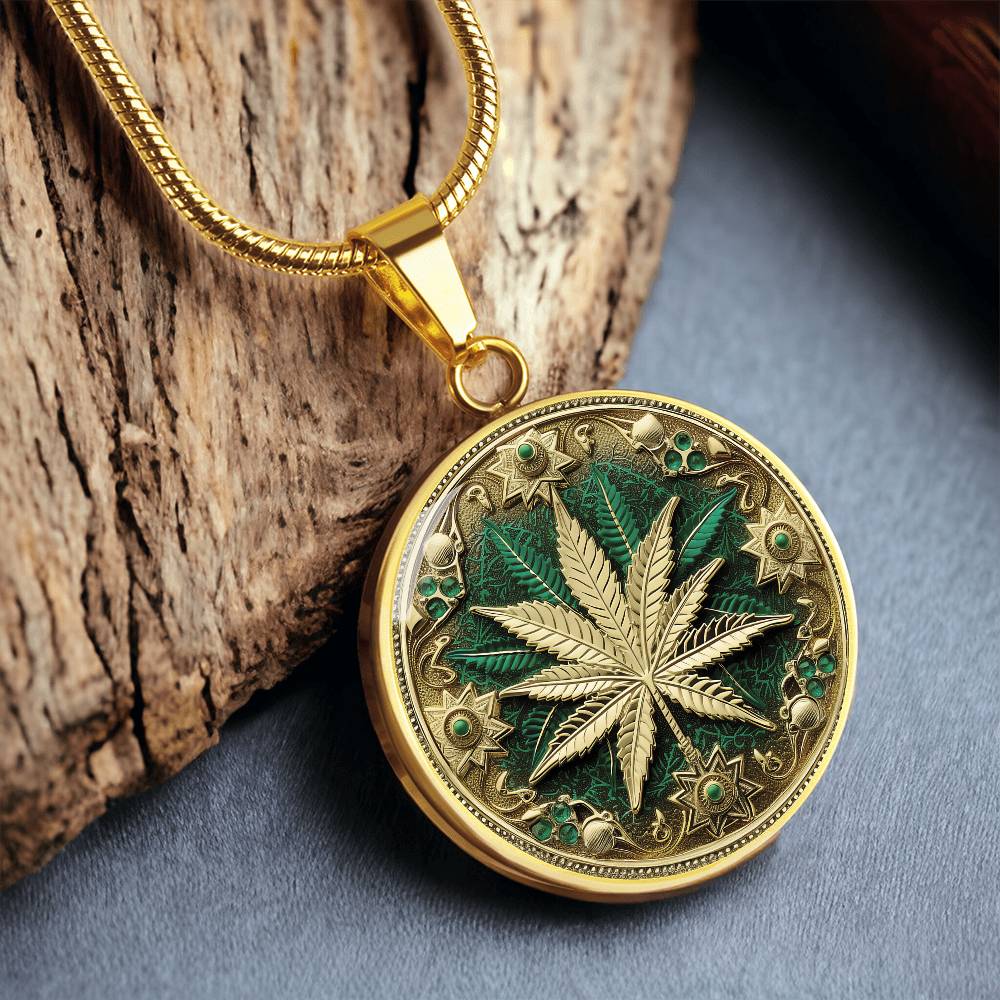 an Elegant gold pendant Weed Leaf necklace featuring a Green and Gold Marijuana Leaf. This jewelry offers personalization with an engraving option for a name.