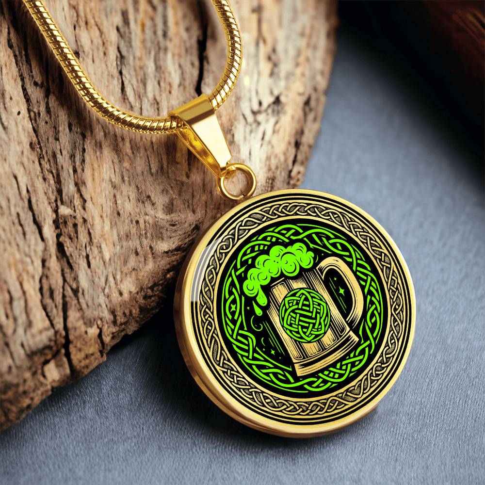 Elegant Gold pendant featuring a vivid Green Celtic Knots Necklace with a Green Beer Stein , set against a Black & gold backdrop. This jewelry offers personalization with an engraving option for a name.