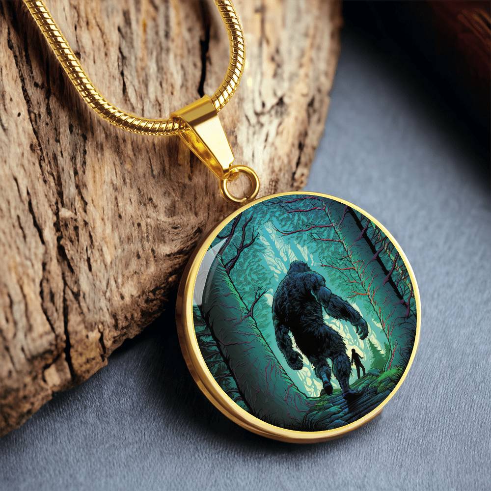 an Elegant gold pendant Bigfoot Necklace. Colors are Green, Brown, Black, Blue and White. This jewelry offers personalization with an engraving option for a name.