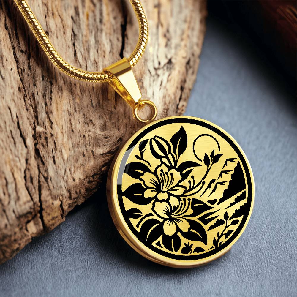 Elegant gold pendant featuring a honeysuckle, silhouette Junes birth month flower, set against a gold or silver backdrop. This necklace offers personalization with an engraving option for a name.