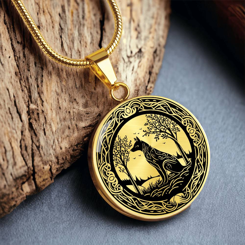 Elegant gold pendant Celtic Wolf necklace With a Gold and Black background. This jewelry offers personalization with an engraving option for a name.