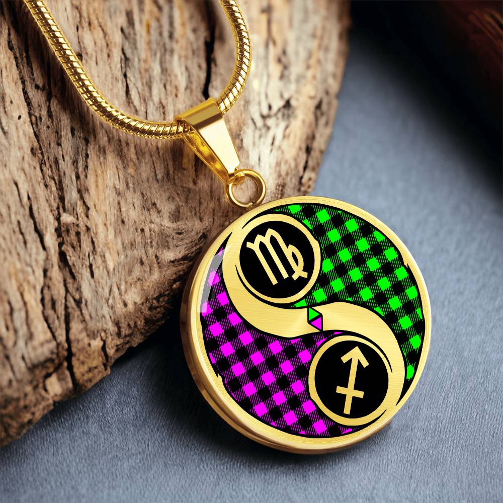 an elegant gold pendant Zodiac Necklace. This jewelry offers personalization with an engraving option for a name.