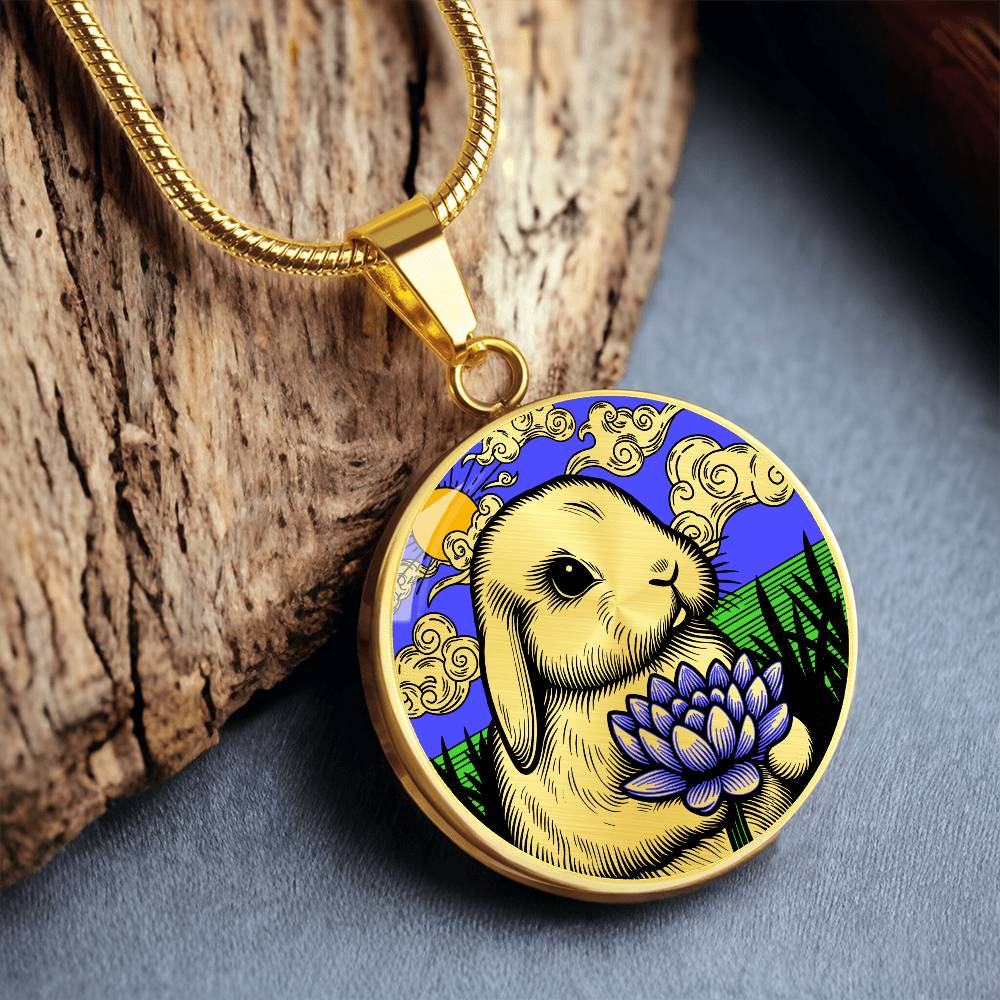 Bunny Necklace, Engraved Water Lily Pendant, Personalized July Birth Month Flower Jewelry, Gold Floral Waterlily Charm, Animal Lover Gift