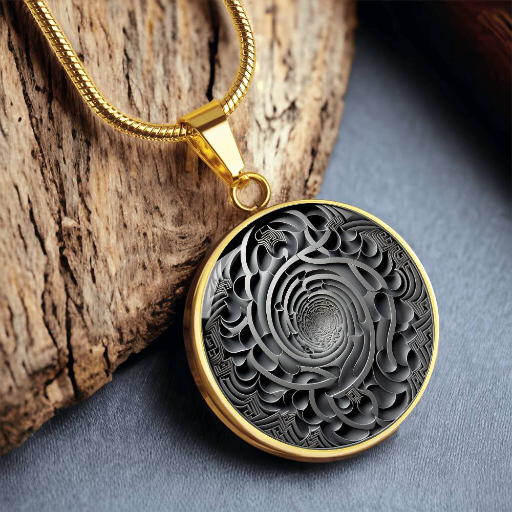 an Elegant gold pendant Maze Victorian necklace. The maze colors are silver and grey. This jewelry offers personalization with an engraving option for a name.