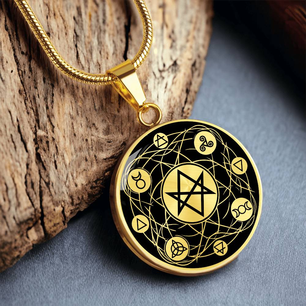 an Elegant gold Hexagram Gothic Necklace with the symbols Earth, Fire, Water, Air, God, Goddess, Unicursal, Triskelion and Triquetra, in Black and Gold backdrop. This jewelry offers personalization with an engraving option for a name.