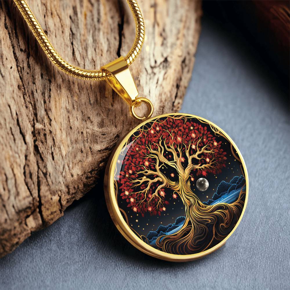 an elegant gold pendant featuring a Tree of Life Necklace, set against a Night Sky backdrop. This jewelry offers personalization with an engraving option for a name.