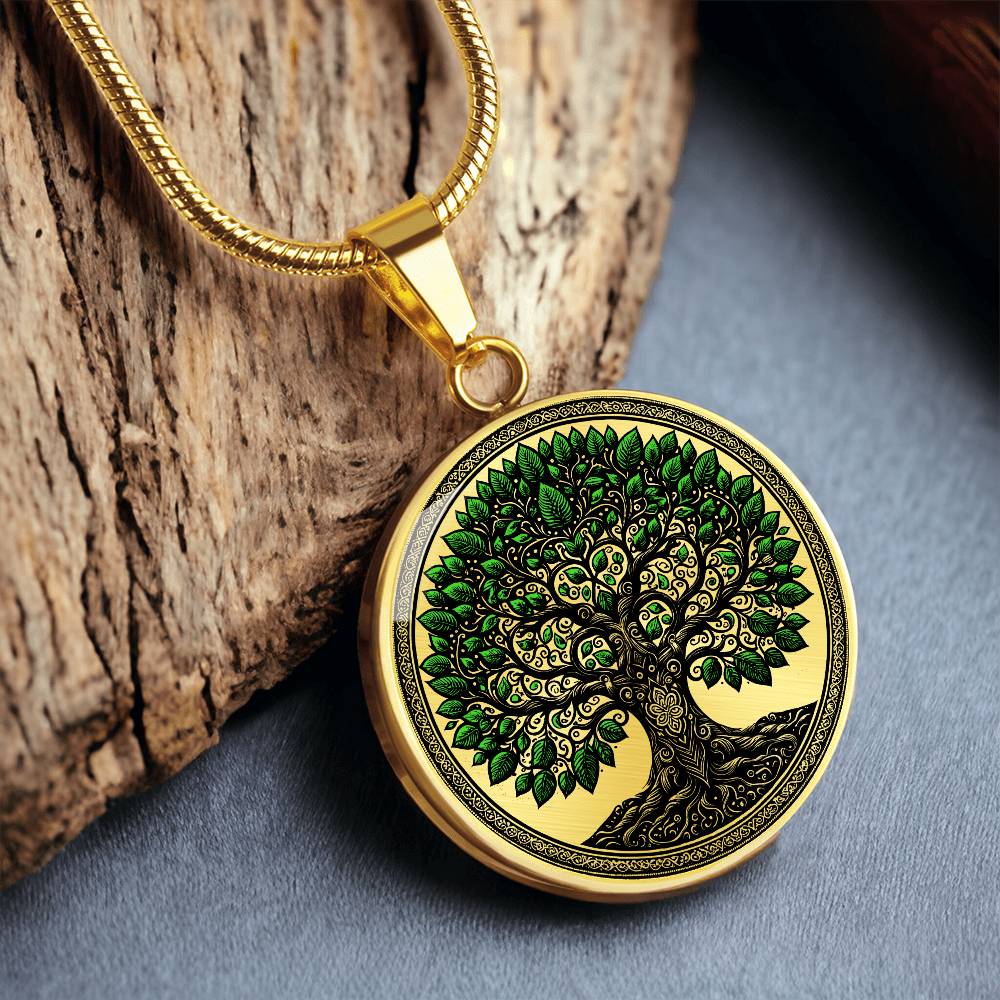 an Elegant gold pendant Celtic Tree of Life Necklace. Colors are black, real gold and Green Leaves. This jewelry offers personalization with an engraving option for a name.