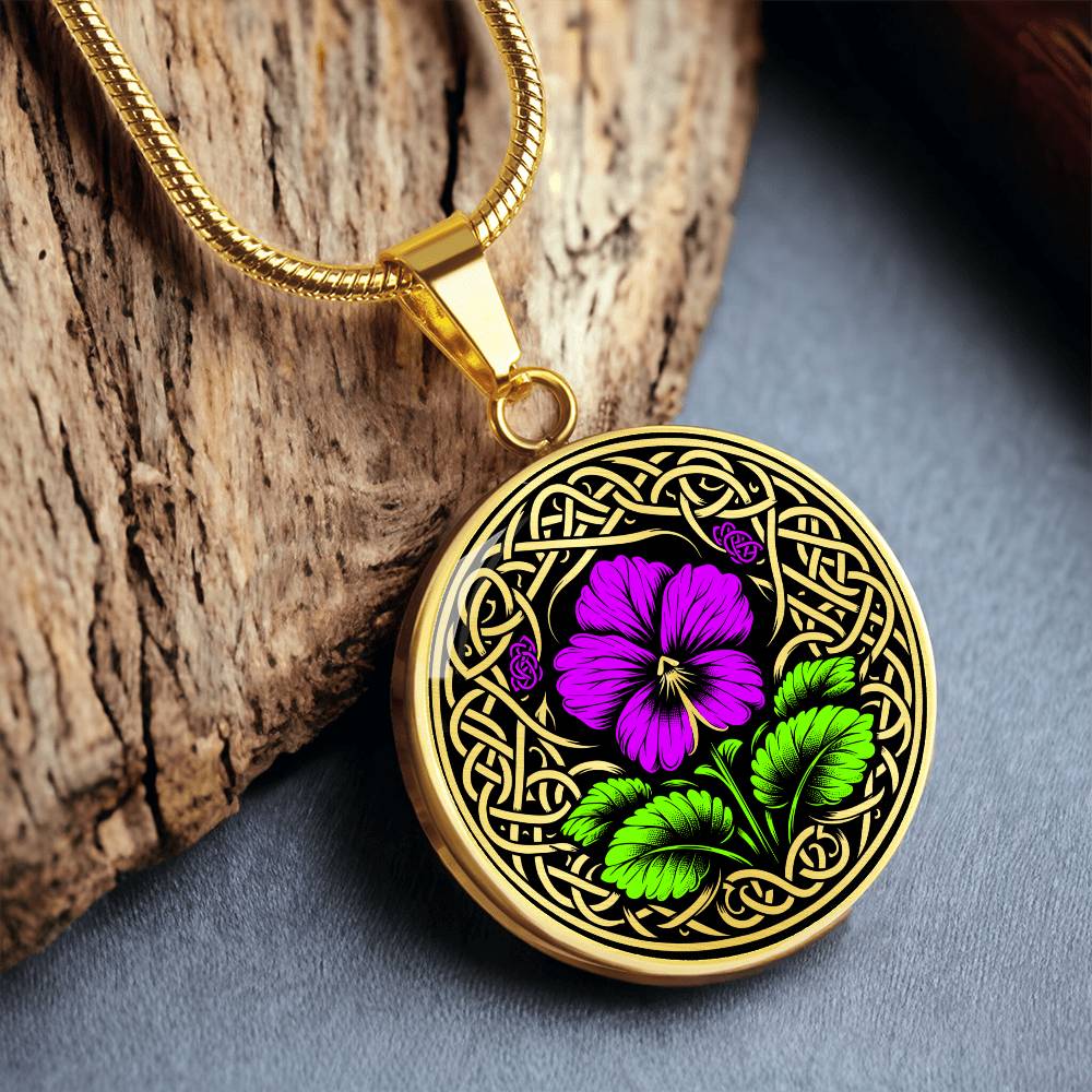 Elegant gold pendant featuring a vivid Purple Violet Birth Flower Necklace, February birth month flower, set against a Gold & Black backdrop with a Celtic border. This jewelry offers personalization with an engraving option for a name.