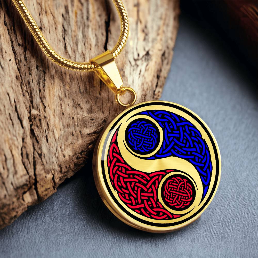 Elegant gold pendant featuring a vivid Fire red & Water blue Celtic Yin Yang Necklace set against a Gold & Black backdrop. This jewelry offers personalization with an engraving option for a name.