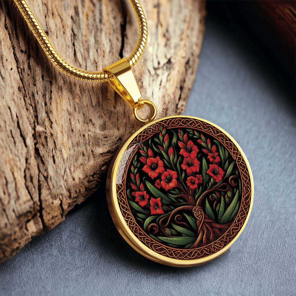 an elegant gold pendant Gladiolus Tree of Life Necklace. The Colors are red, green, brown and black. This jewelry offers personalization with an engraving option for a name.