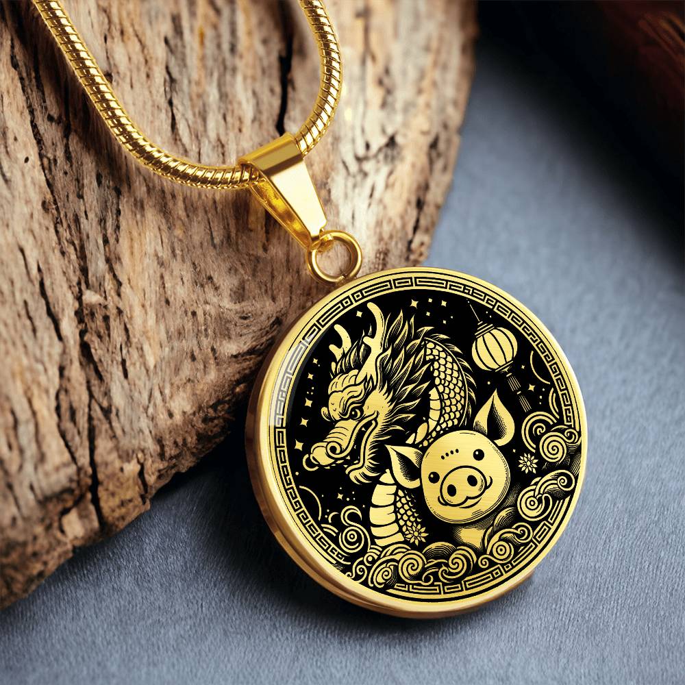 An Elegant gold pendant featuring a Year of the Pig and Year of The Dragon Necklace in gold and black. This jewelry offers personalization with an engraving option for a name.