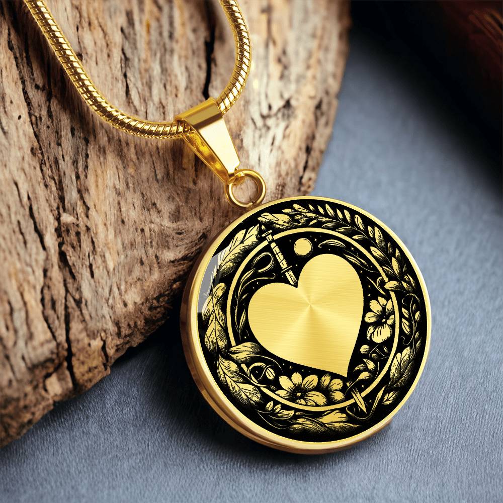 An Elegant gold pendant featuring a Valentines Design with a vivid gold Moonlight Heart Necklace, set against a gold/black backdrop with a sword and flowers. This jewelry offers personalization with an engraving option for a name.