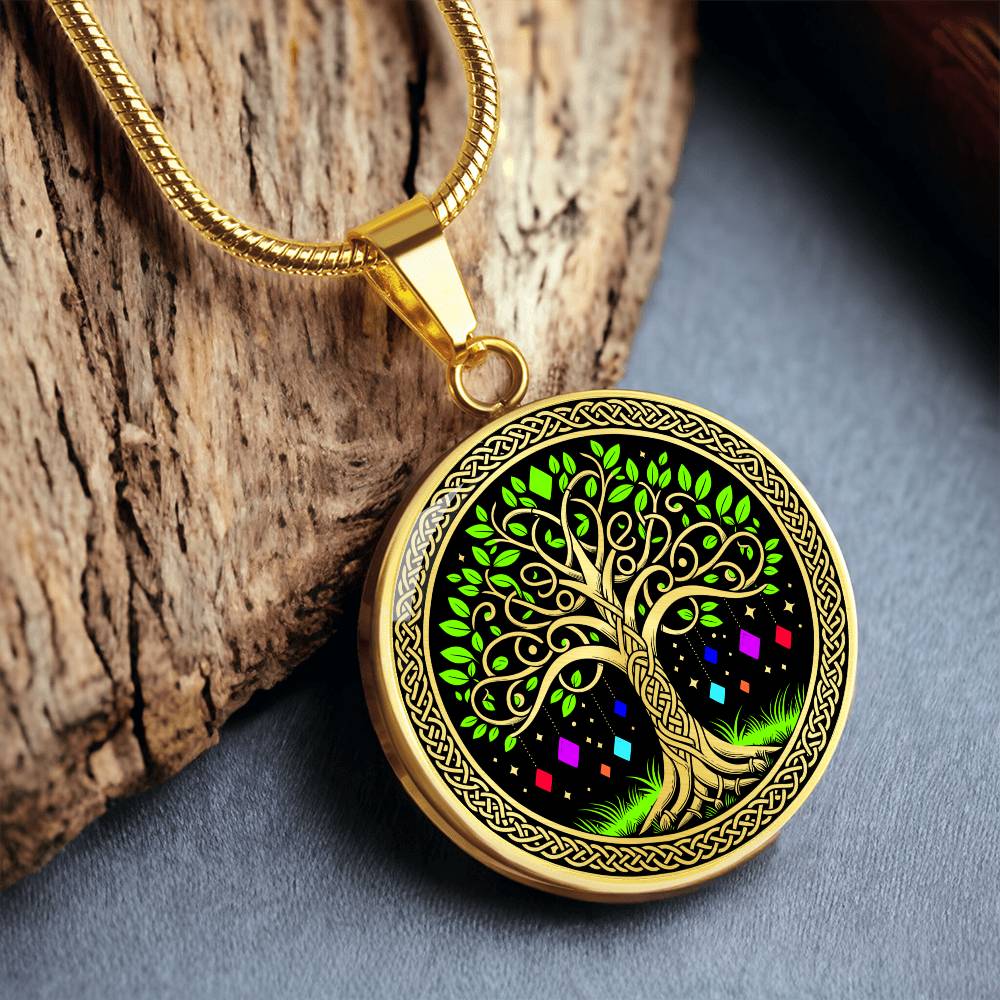 an Elegant gold pendant Tree of Life necklace featuring a vivid Celtic Green and gold tree, set against a black backdrop with red,blue,purple,orange gems. This jewelry offers personalization with an engraving option for a name.
