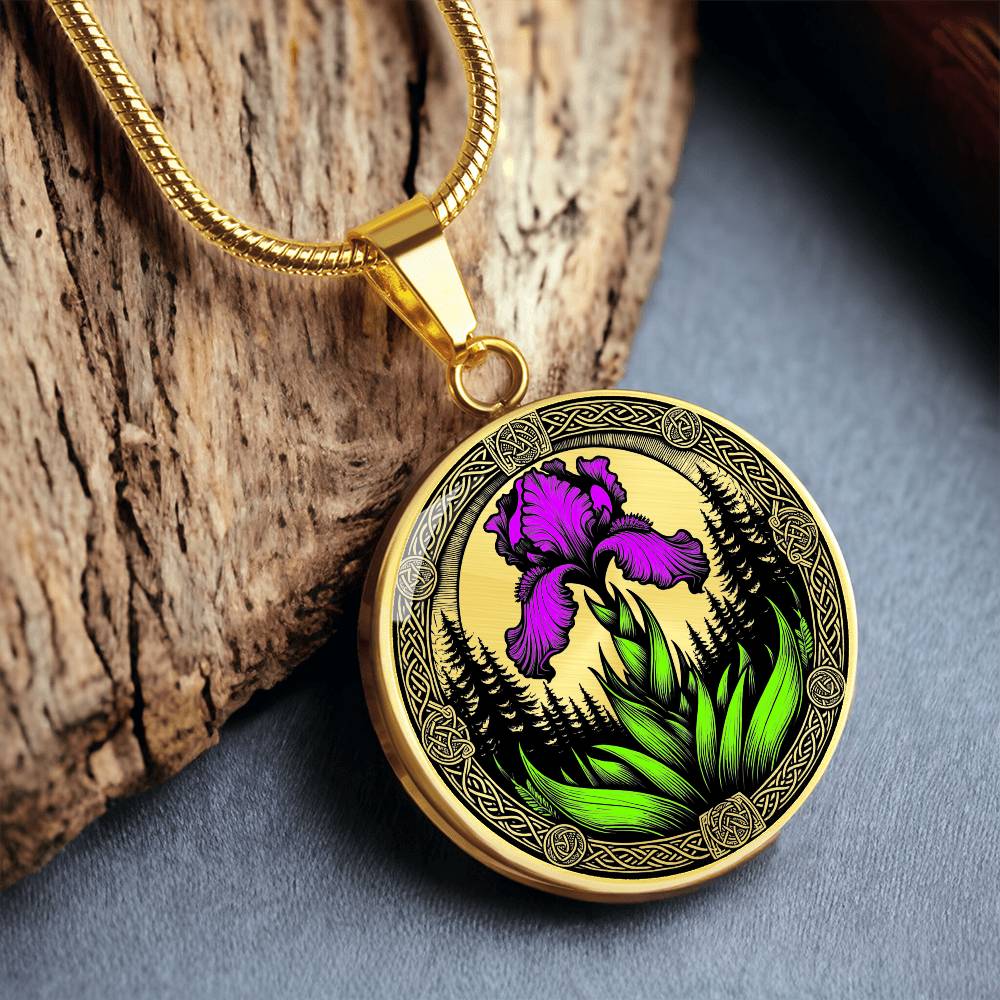 Februarys birth month flower in an Elegant gold pendant necklace featuring a vivid Purple Iris with a gold sun or silver moon surrounded by a forest with a Celtic frame. This necklace offers personalization option for a name.
