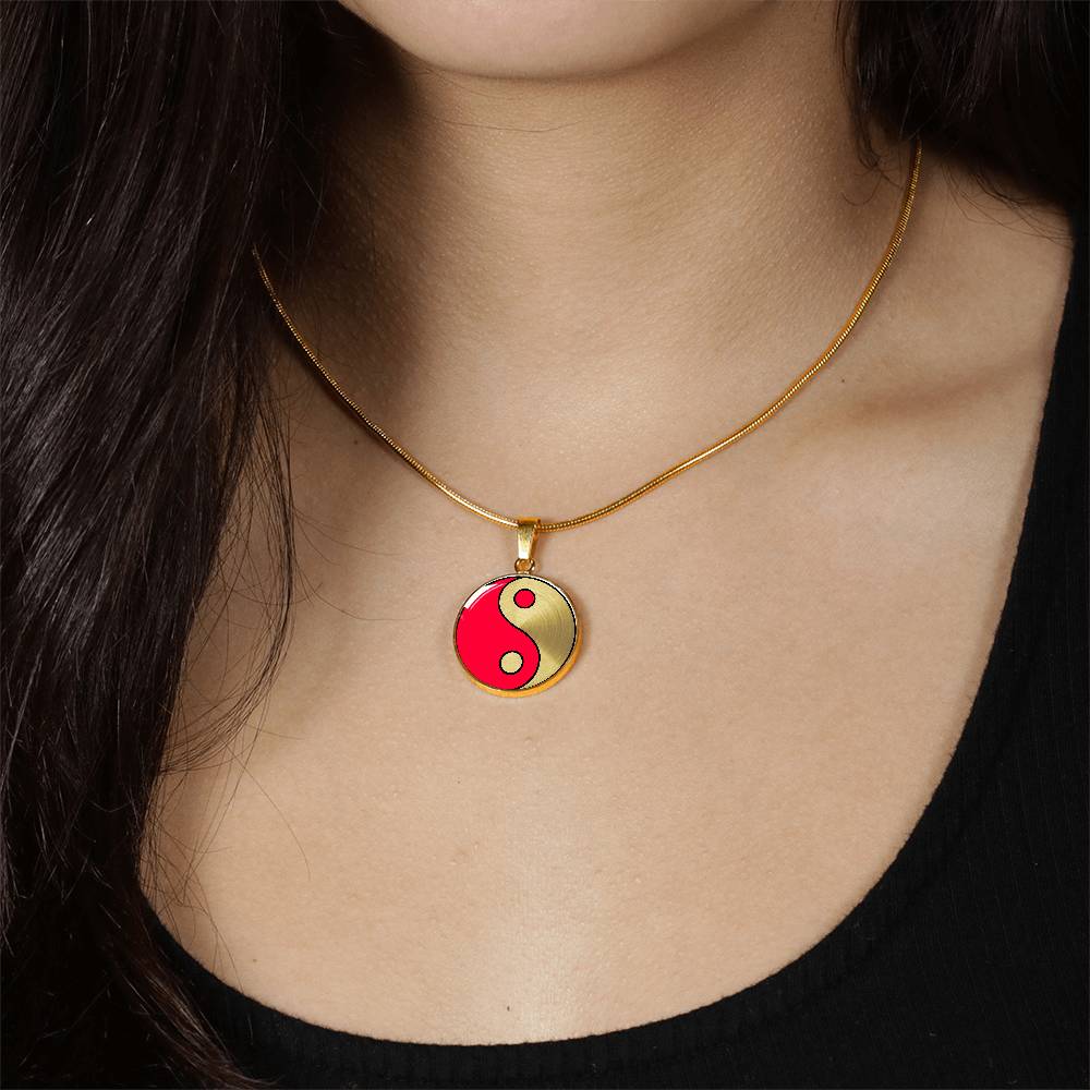 Woman wearing a Gold Pendant Fire and Ice Yin Yang Necklace