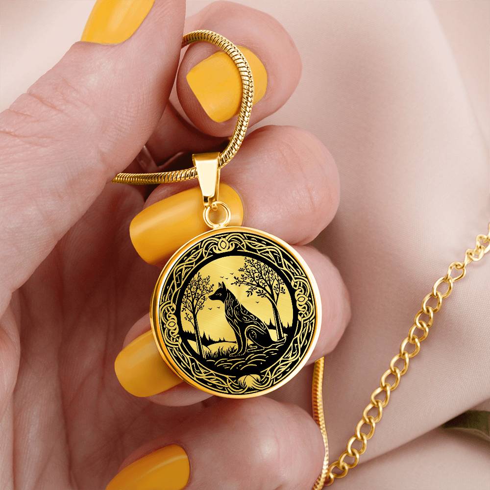 Woman holding an Elegant gold pendant Celtic Wolf necklace With a Gold and Black background. This jewelry offers personalization with an engraving option for a name.
