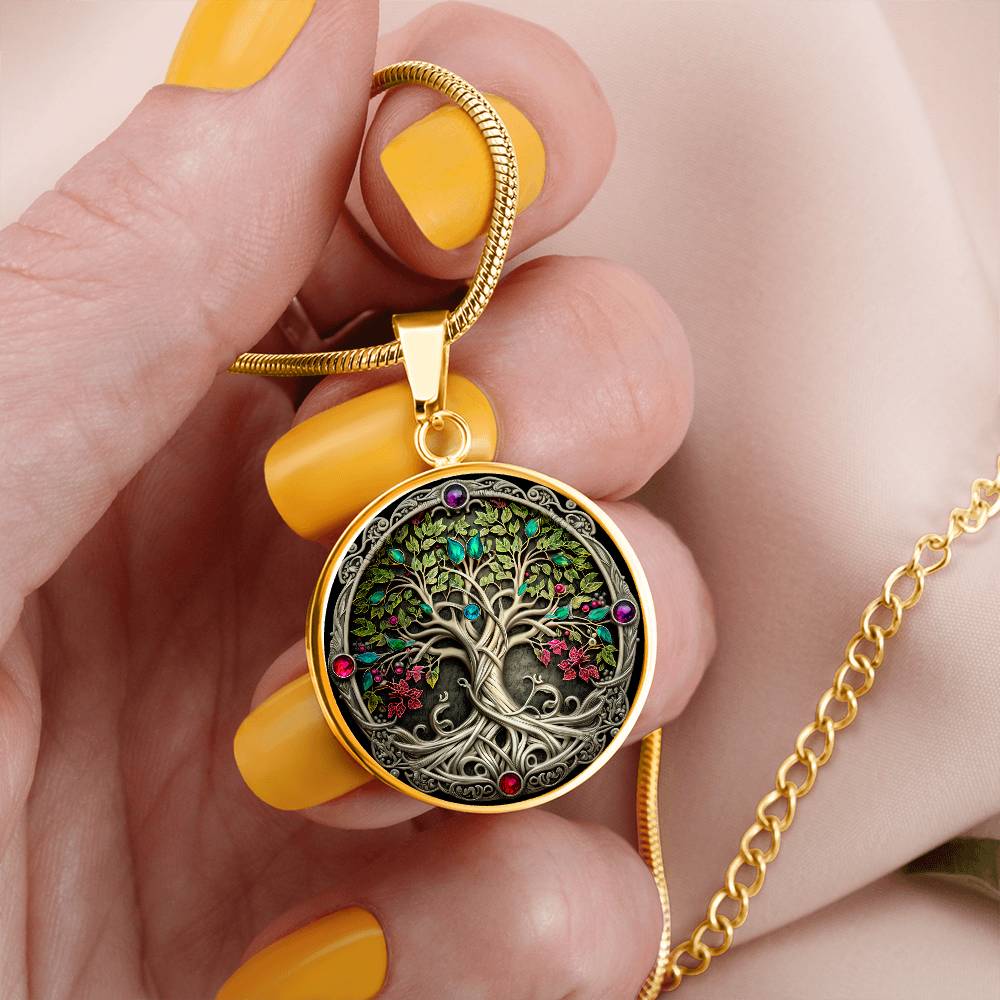 Woman Holding a Gold Yggdrasil Tree of Life Necklace