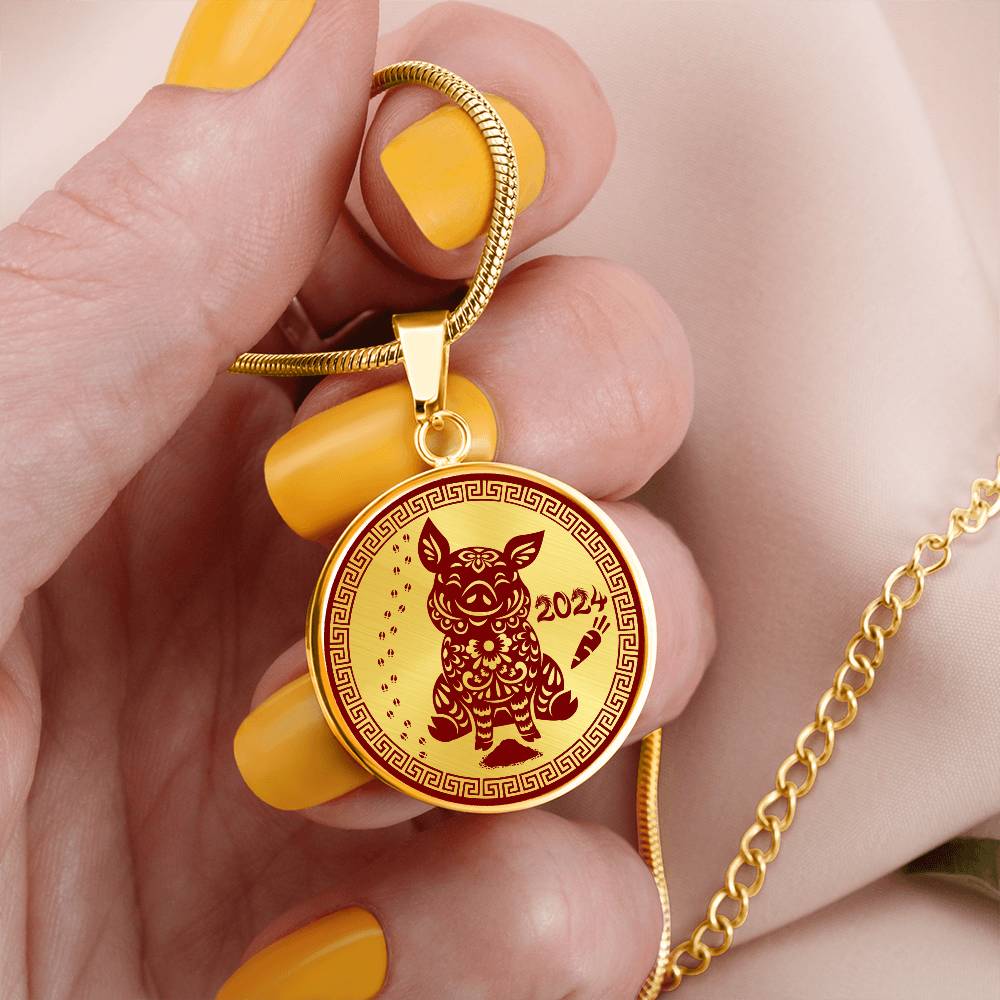 Woman holding a Gold Pig Necklace