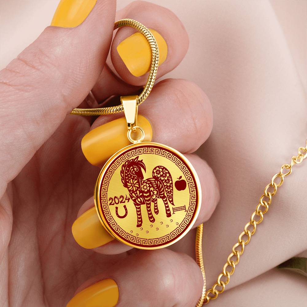 Woman Holding a Gold 2024 Horse Necklace