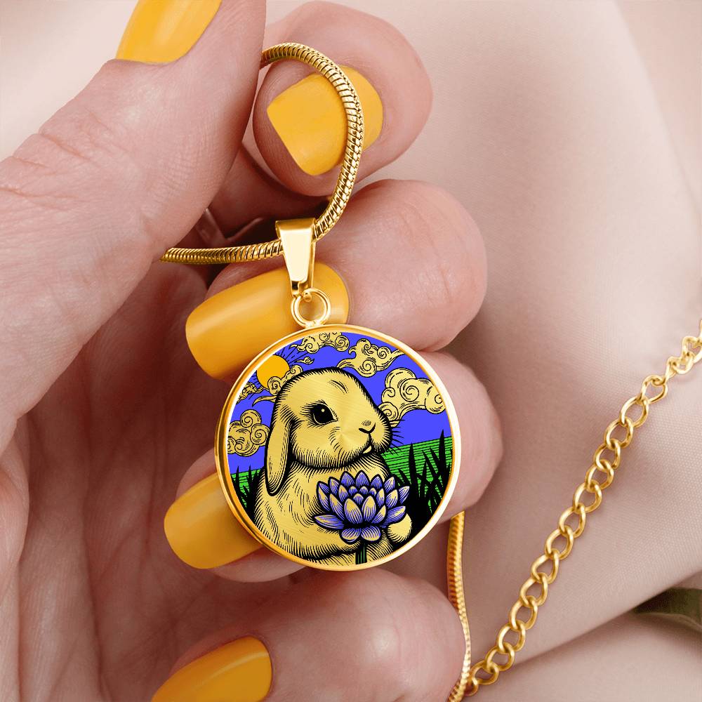 Bunny Necklace, Engraved Water Lily Pendant, Personalized July Birth Month Flower Jewelry, Gold Floral Waterlily Charm, Animal Lover Gift