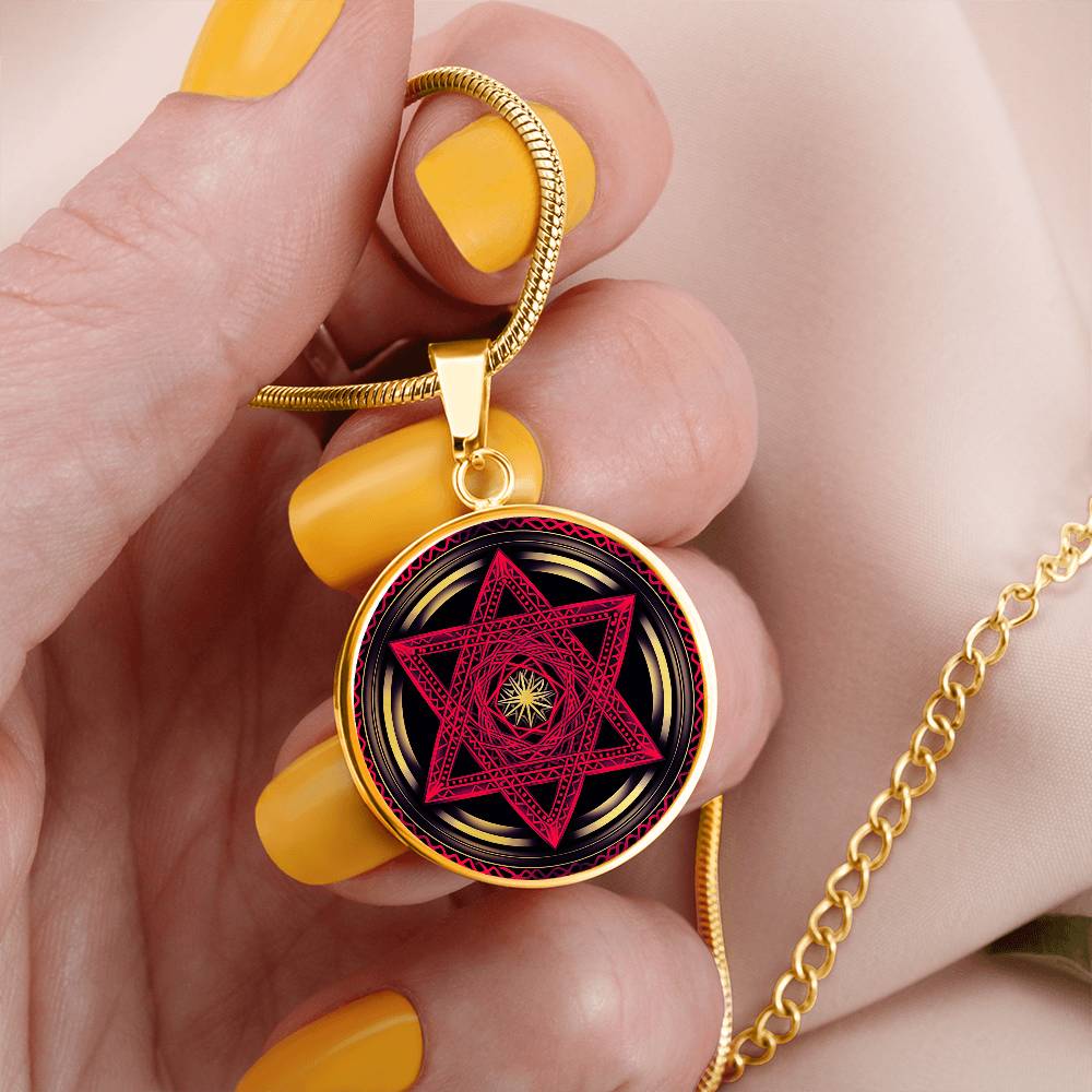 Woman holding a Gold Pendant Red Star of David Necklace