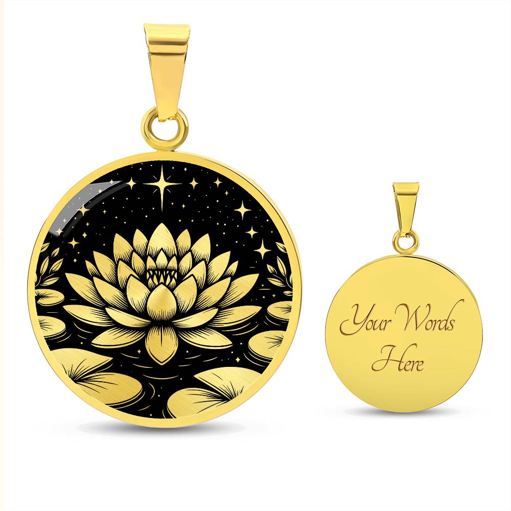 An Elegant gold pendant Water Lily Necklace featuring Stars, Lily Pads and a Water lily, all in black and gold. This jewelry offers personalization with an engraving option for a name.