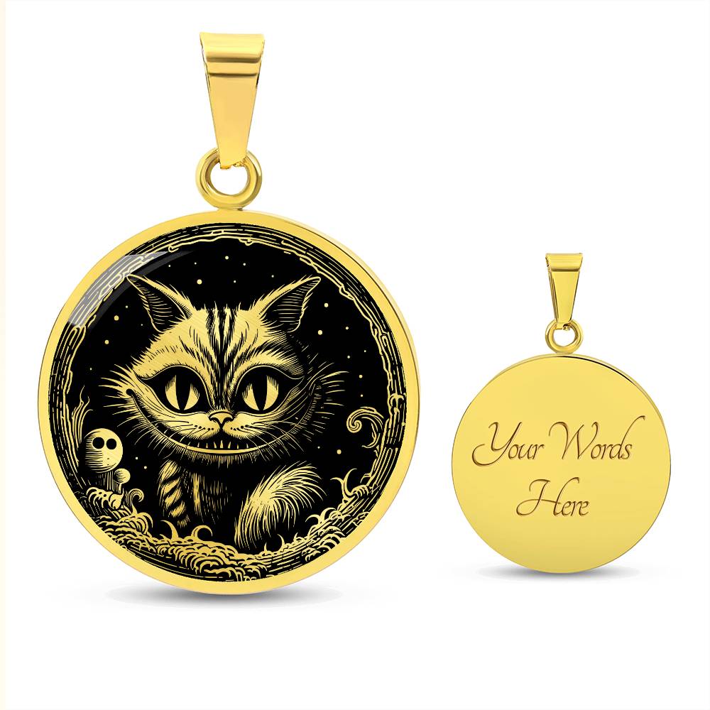 An elegant gold pendant Cheshire Cat Necklace. The colors are gold and black. This necklace offers personalization with an engraving option for a name.