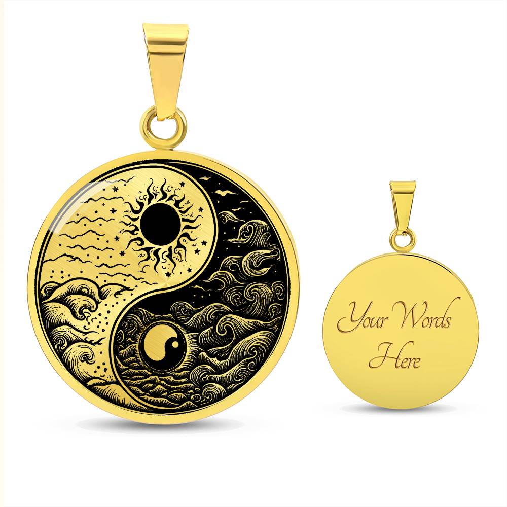 An Elegant gold pendant featuring a vivid gold and Black, Sun and Moon Necklace. This jewelry offers personalization with an engraving option for a name.