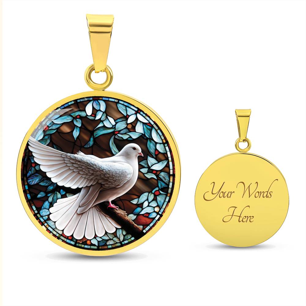 an Elegant gold pendant Dove Bird Necklace. featuring a white dove, green, blue, red colored border, leaves, berries with a brown background. This jewelry offers personalization with an engraving option for a name.