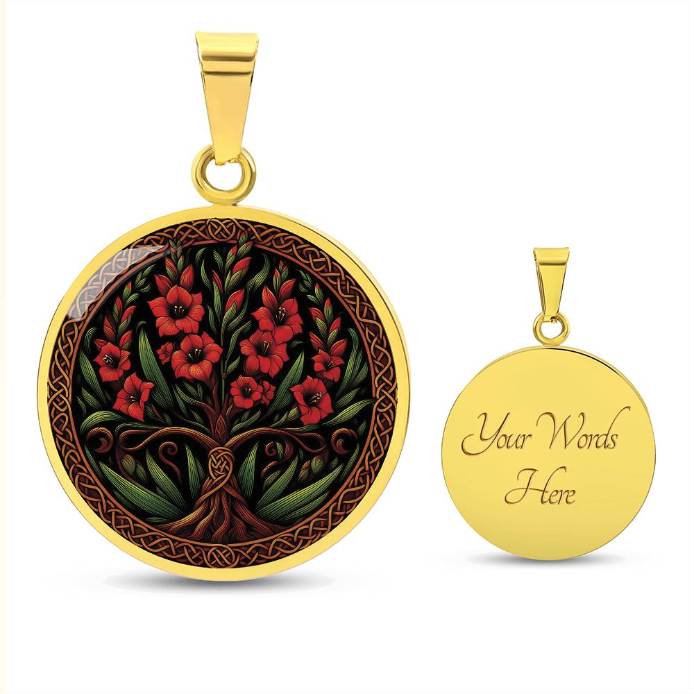 an elegant gold pendant Gladiolus Tree of Life Necklace. The Colors are red, green, brown and black. This jewelry offers personalization with an engraving option for a name.
