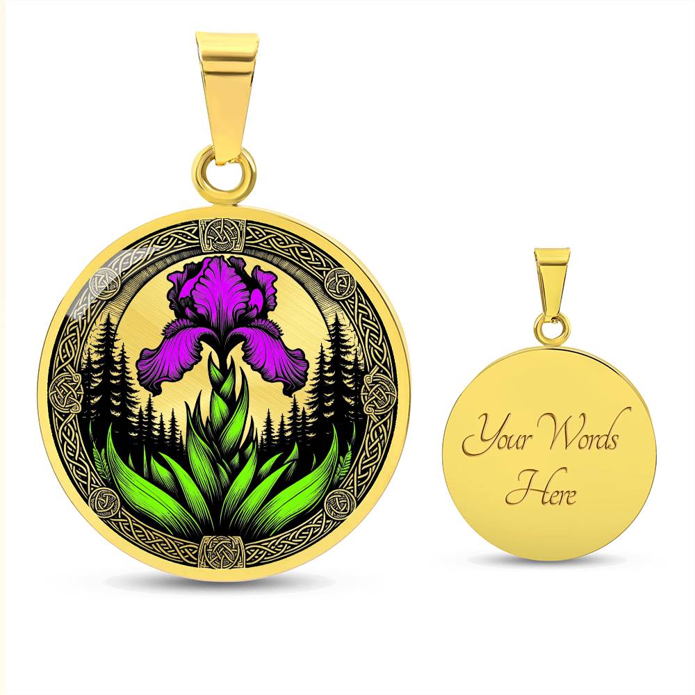 Februarys birth month flower in an Elegant gold pendant necklace featuring a vivid Purple Iris with a gold sun or silver moon surrounded by a forest with a Celtic frame. This necklace offers personalization option for a name.